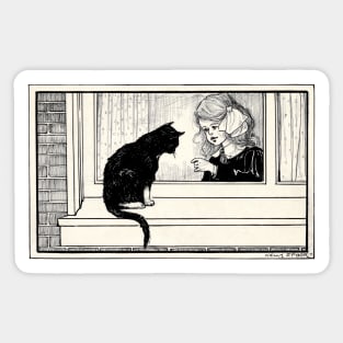 Girl talking to a cat on the windowsill Sticker